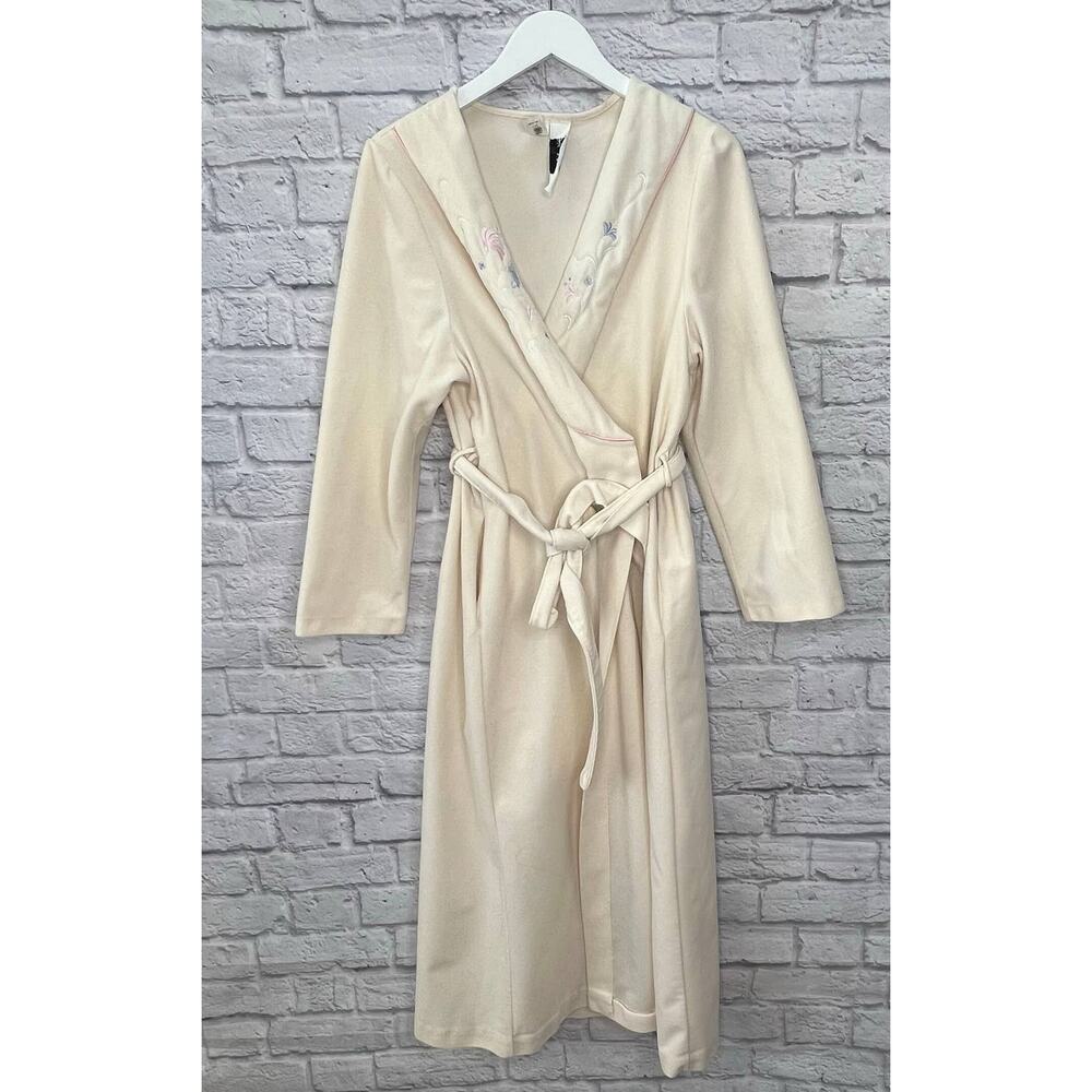 Vintage APOSTROPHE Sears Lightweight Fleece Robe Cream Floral Size L Belted